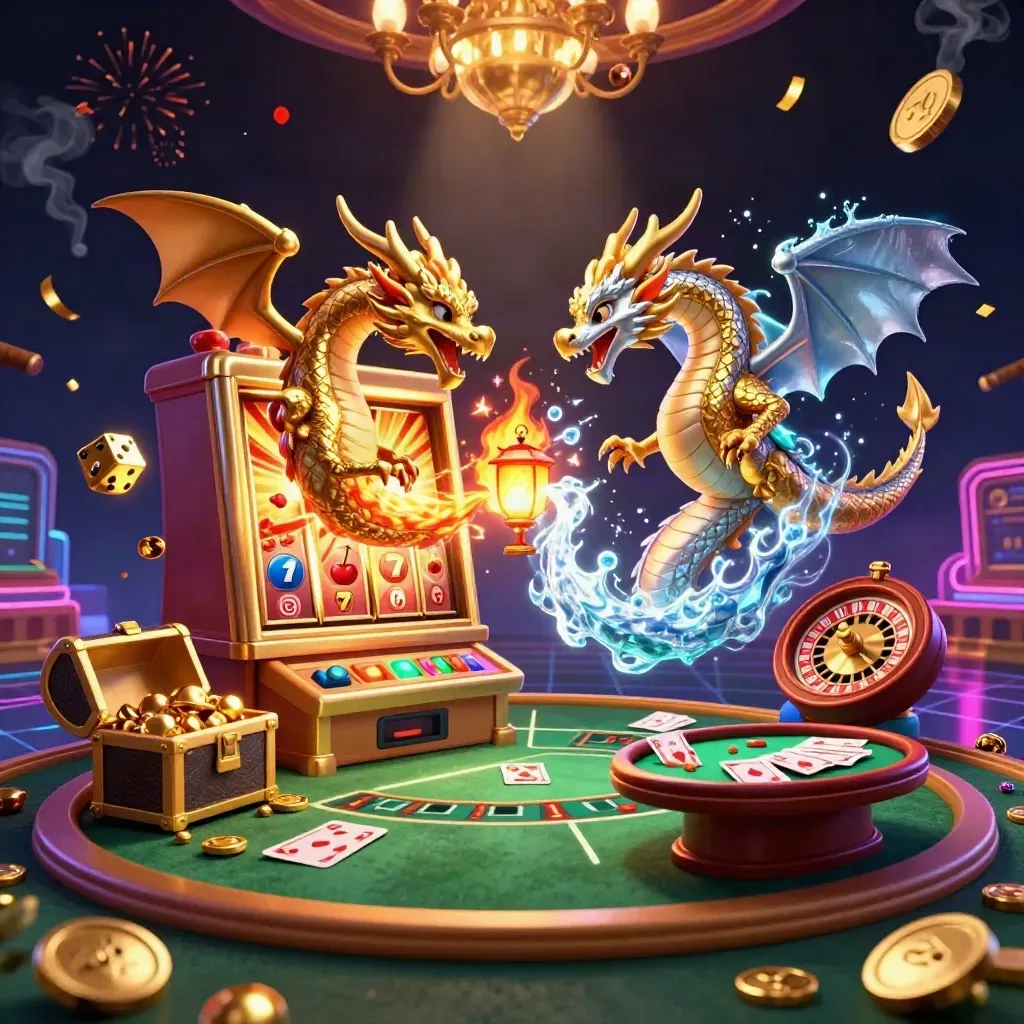 Twin gold and silver dragons clash around a jackpot slot in a luxe casino room with fire, ice, and gold.