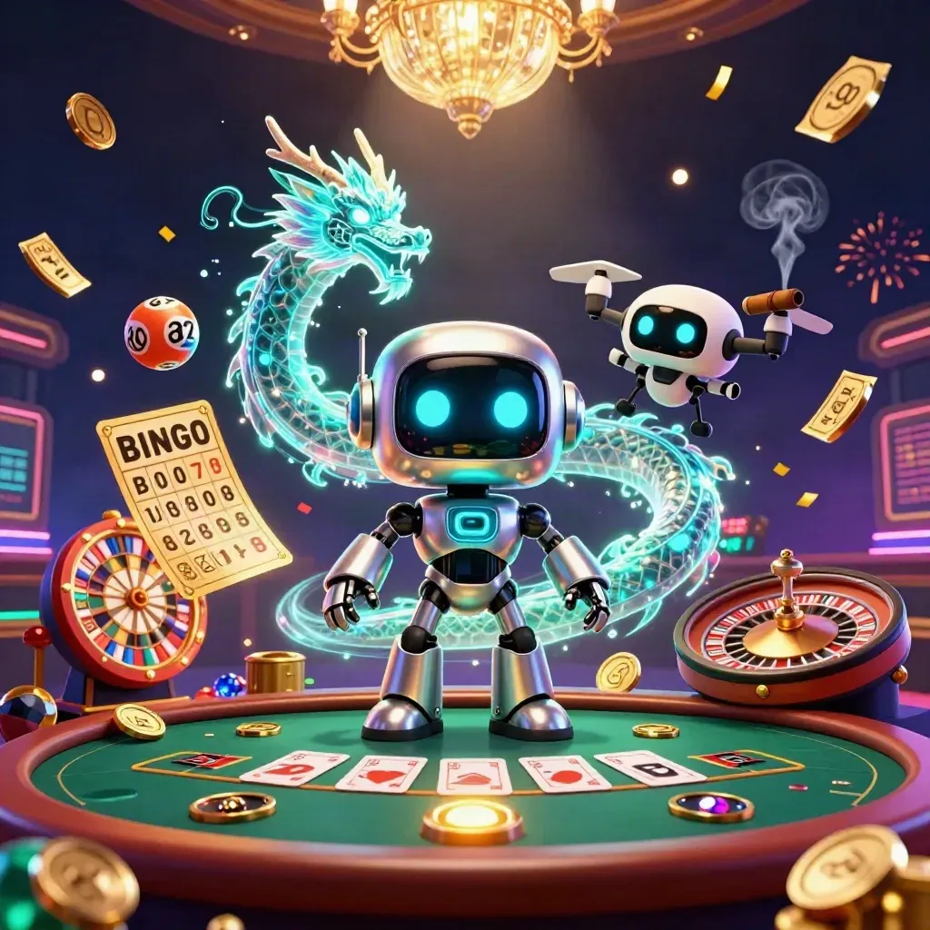 Cyberpunk robot, holographic dragon and drone amid casino sparks, coins and a spinning wheel.