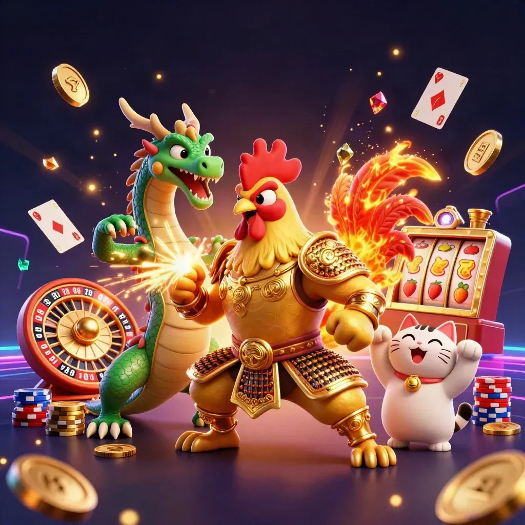 Rooster warrior, dragon hatchling, and fortune cat amid casino coins, chips, and glowing roulette action.