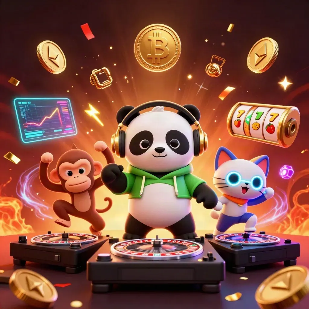 DJ panda, monkey, and glow-stick kitten amid casino coins, fireworks, and slot reels
