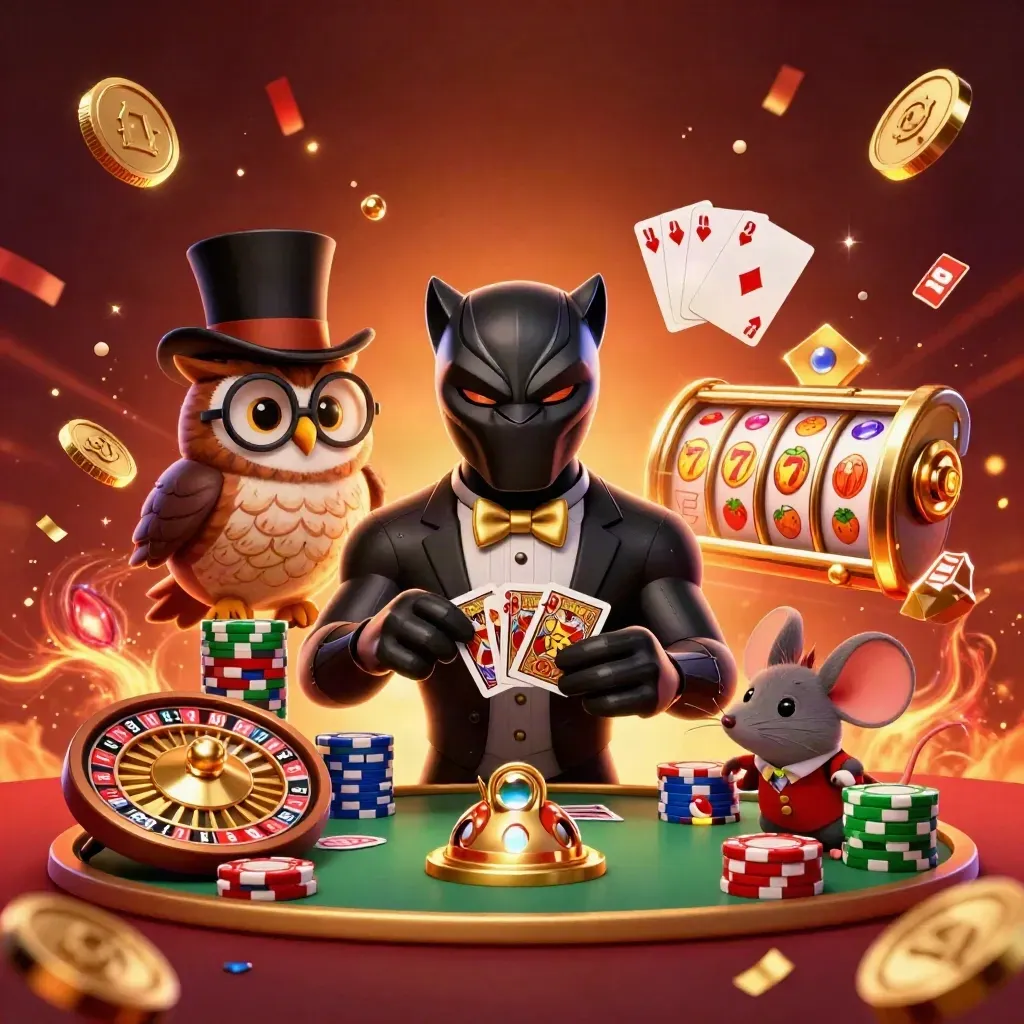Panther, owl, and mouse casino heroes amid chips, cards, coins, and glowing slot effects.
