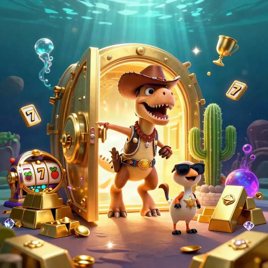 Cowboy T-rex trio bursts from a golden vault underwater with gems, reels, and glowing casino effects.
